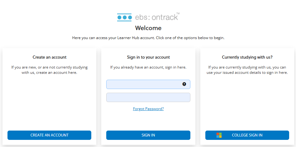 ebs: ontrack Prospect login page