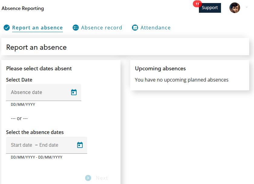 Report an Absence screen