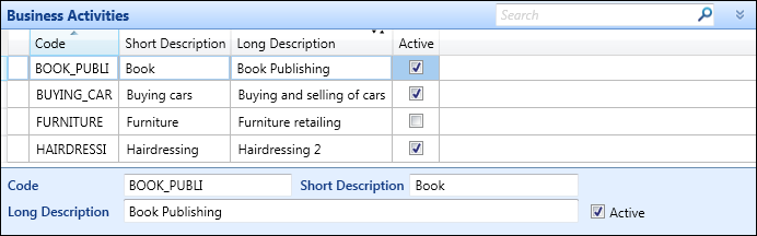 Business Activities reference data