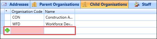 Child Organisations tab - new entry