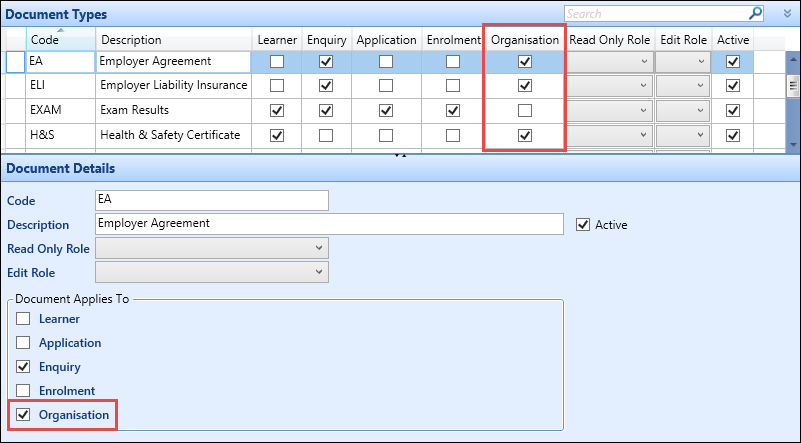 Document Types reference data - Organisation check box