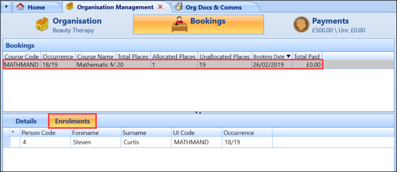 Selected record and Enrolments tab