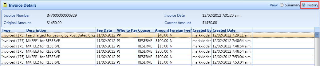 Invoice Details section - history view