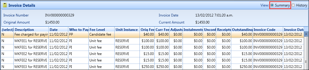 Invoice Details section - summary view