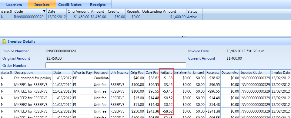 Invoices tab - Adjusts column