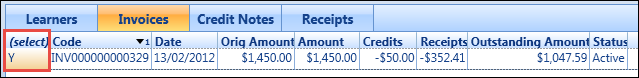 Invoices tab - (select) column