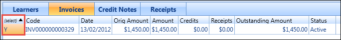 Invoices tab - (select) column