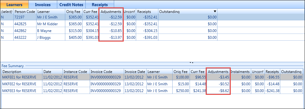 Learners tab - Adjustments column