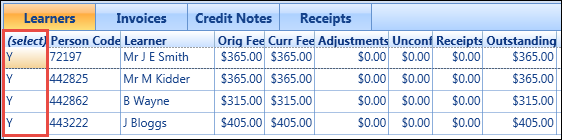 Learners tab - (select) column