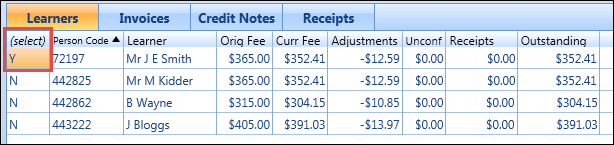 Learners tab - (select) column