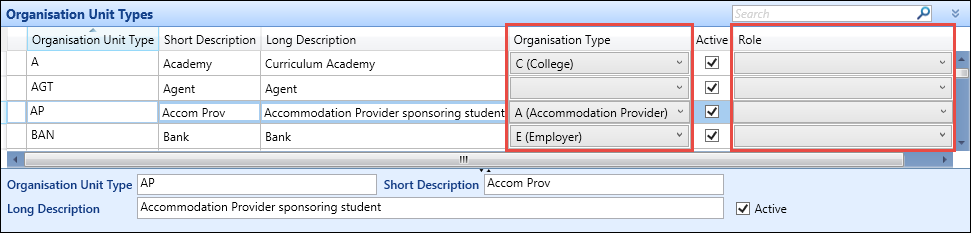 Organisation Unit Types reference data - Organisation Type and Role fields