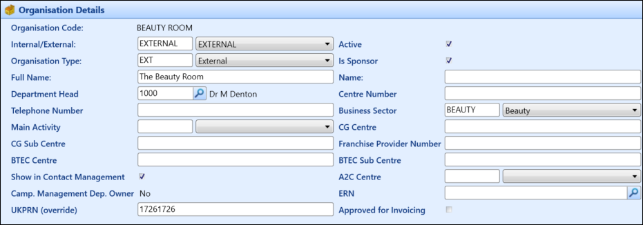 Organisation Details section