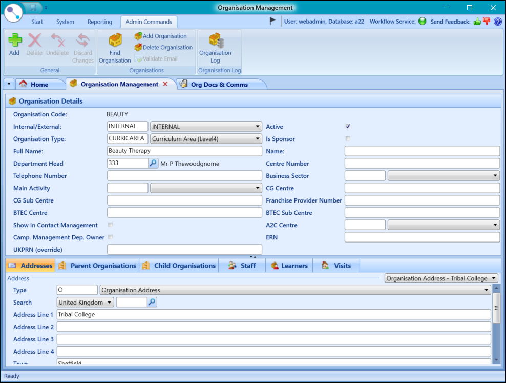 Organisation Management screen