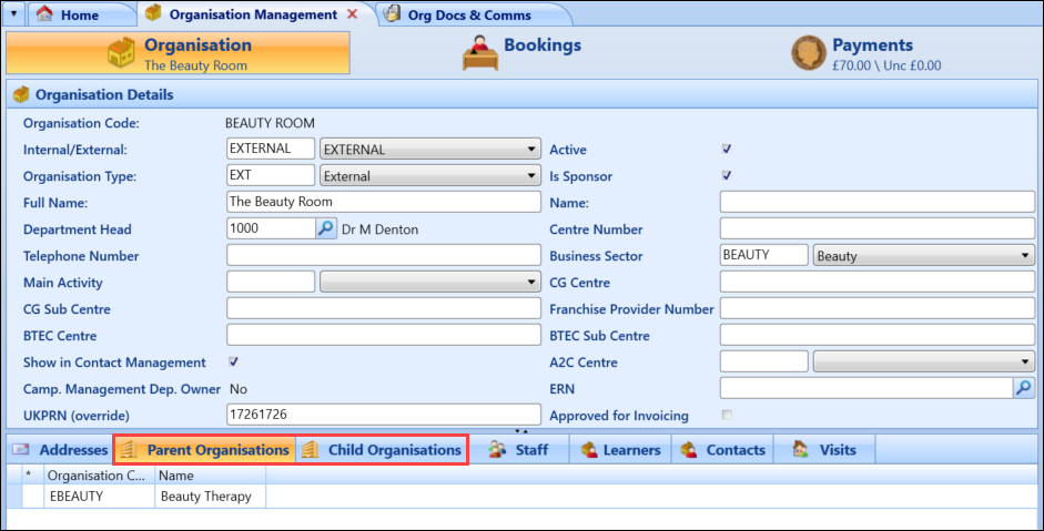 Parent Organisations and Child Organisations tabs