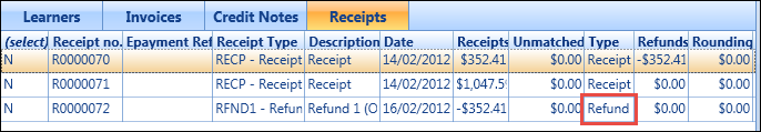 Receipts tab - Refund type