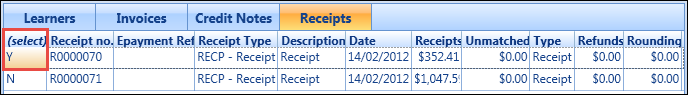 Receipts tab - (select) column