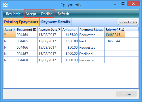 Epayments window - Accept and Decline buttons