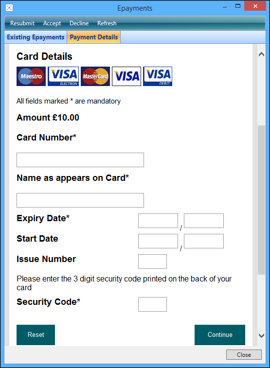 Epayments window - Payment Details tab