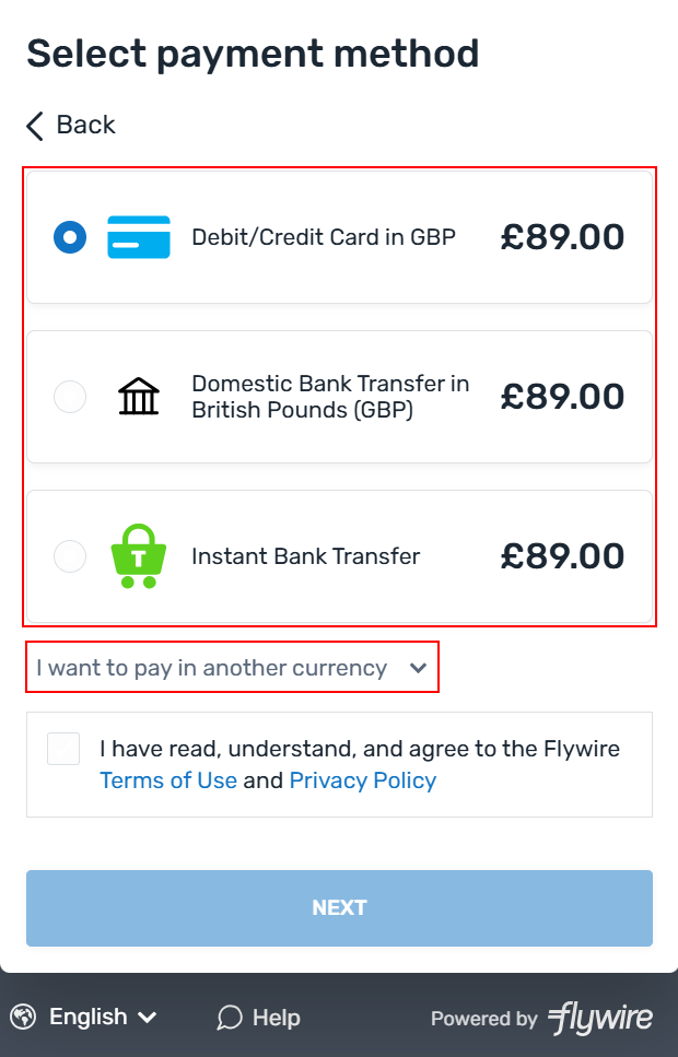 Flywire payment options