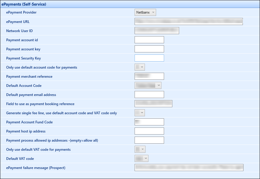 ePayments (Self-Service) institution settings screen