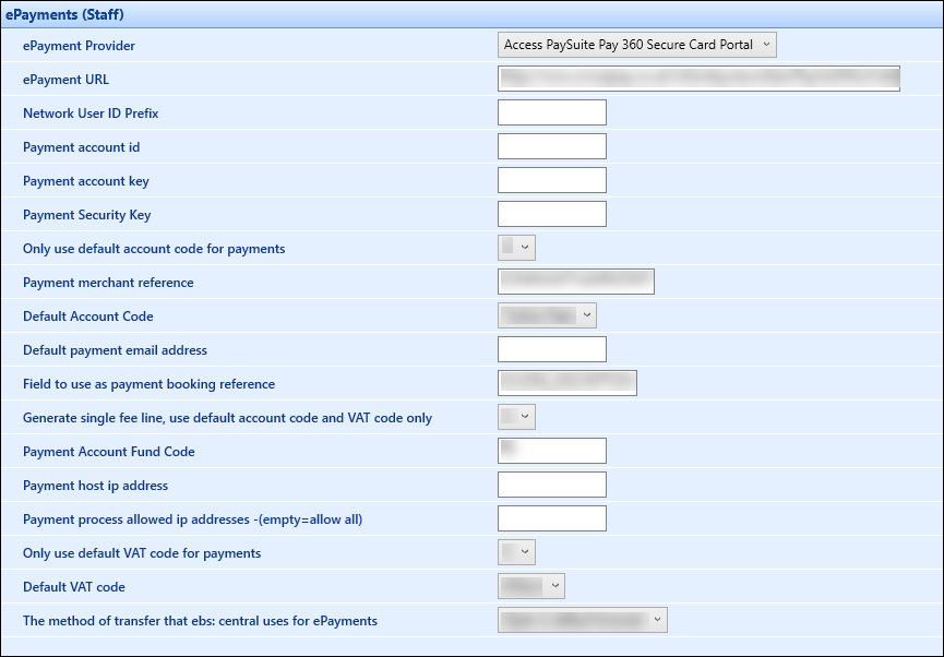 ePayments (ebs: Staff) institution settings screen