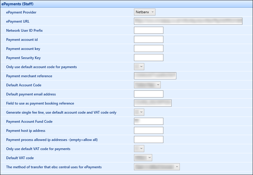 ePayments (ebs: Staff) institution settings screen