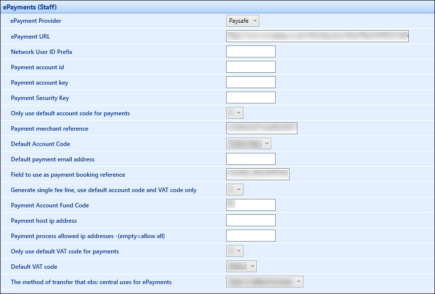 ePayments (ebs: Staff) institution settings screen