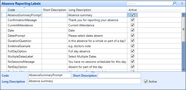 Absence Reporting Labels reference data