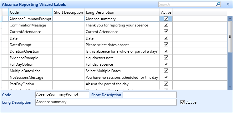 Absence Reporting Wizard Labels reference data