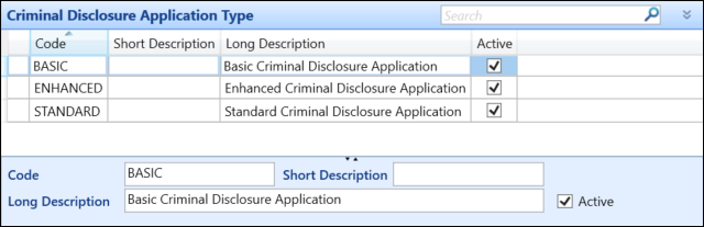 Criminal Disclosure Application Type reference data