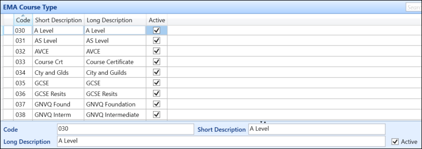 EMA Course Type reference data