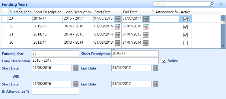 Funding Years reference data