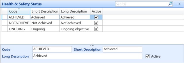 Health & Safety Status reference data
