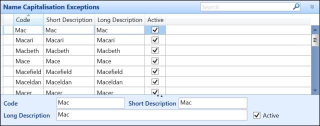 Name Capitalisation Exceptions reference data