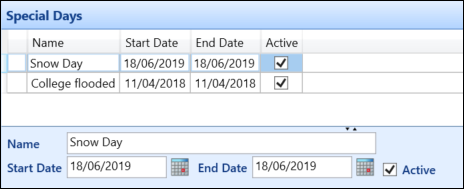 Special Days reference data