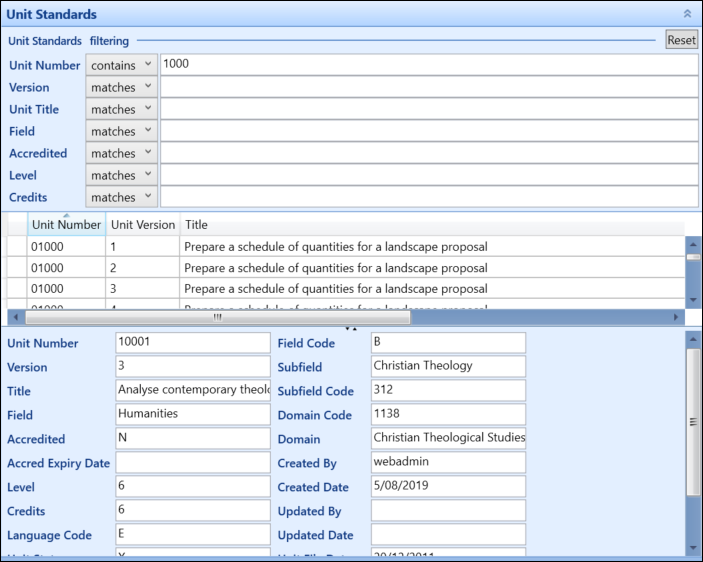 Unit Standards reference data