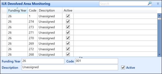 ILR Devolved Area Monitoring screen