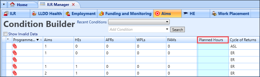 Aims tab Planned hours field