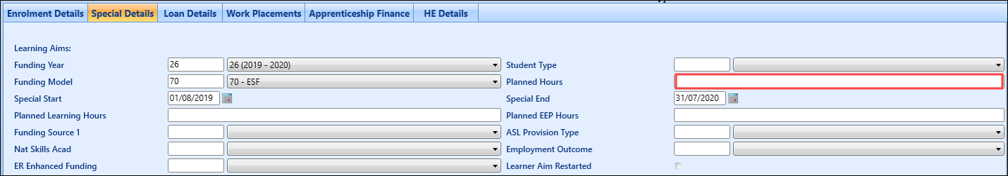 Special Details Planned hours field