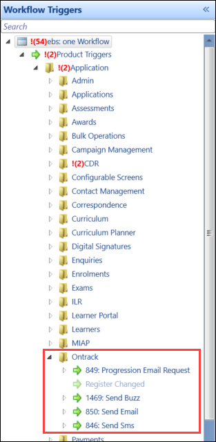 Ontrack folder in the Workflow Triggers panel