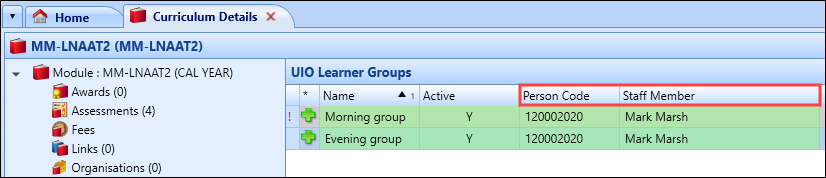 Person Code and Staff Member fields