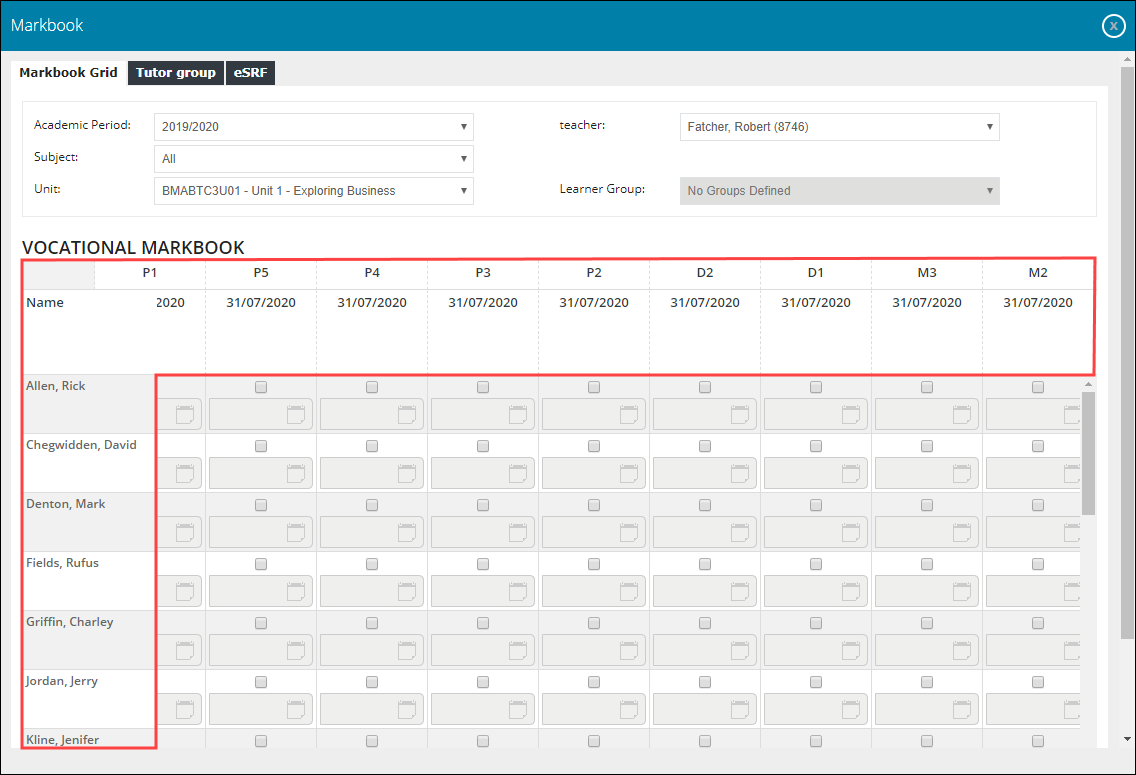 Frozen Markbook Grid headers