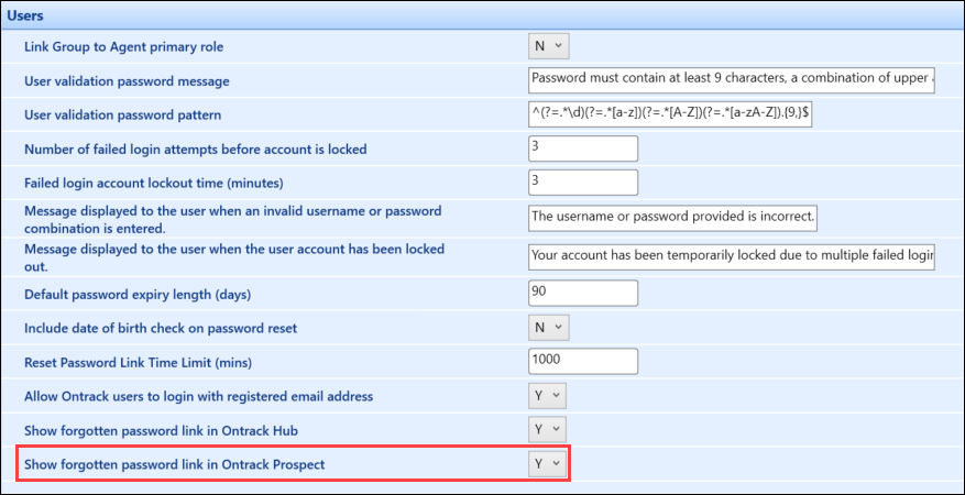 Show forgotten password link in Ontrack Prospect institution setting