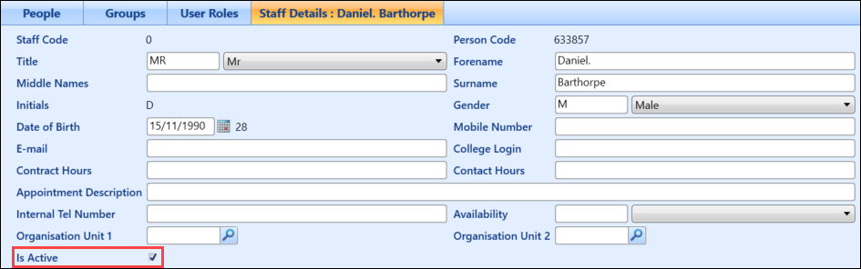 Is Active check box on the Staff Details screen