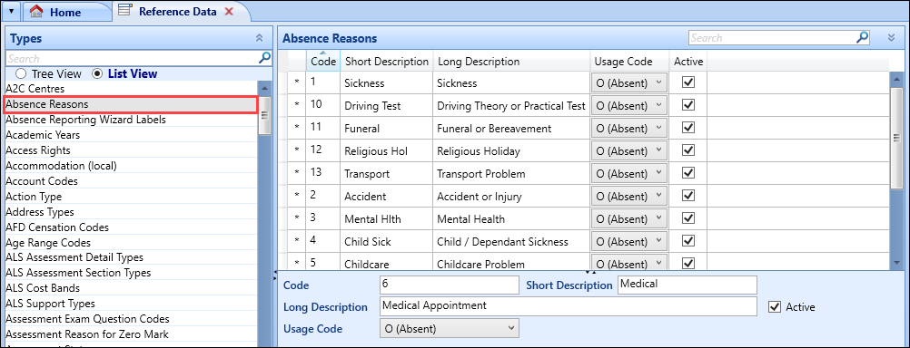 Absence Reasons reference data