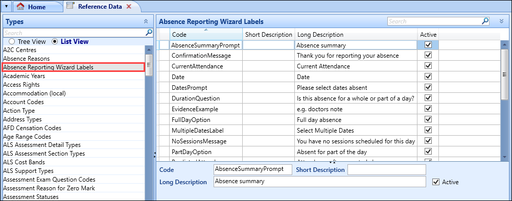 Absence Reporting Wizard Labels reference data