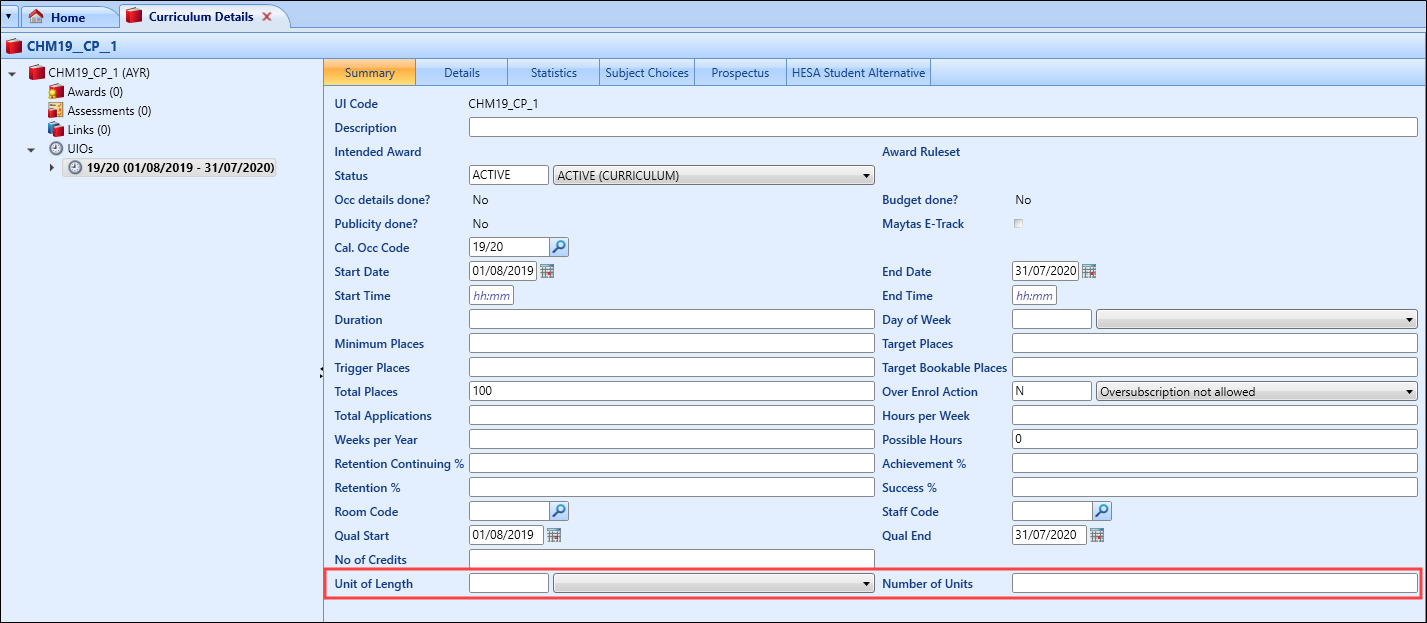 New HESA fields Curriculum Details screen