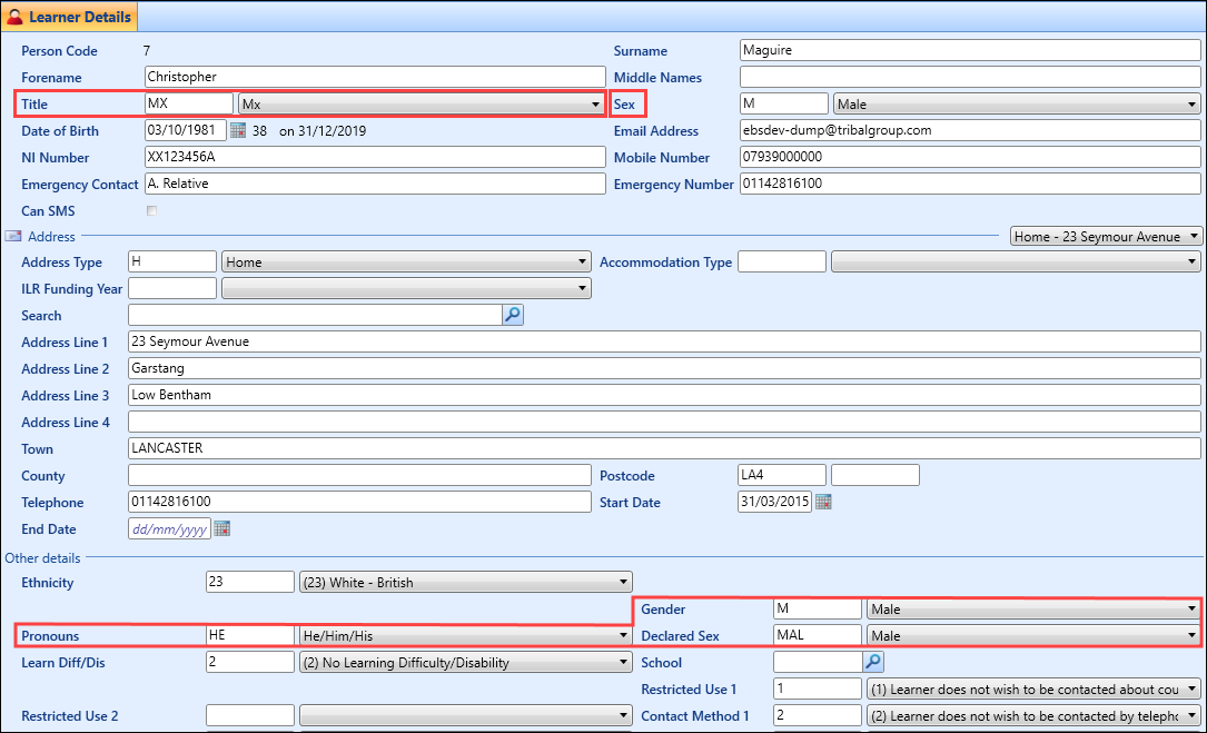 Learner Details sex and gender field changes