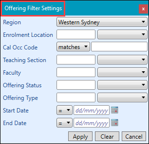 Offering Filter Settings window