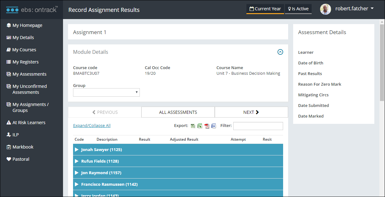 Record Assignment Results screen